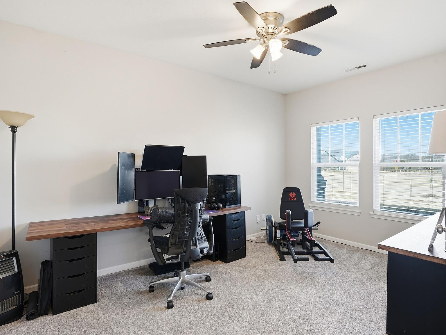 Den configured as a home office with double vinyl windows and grey carpeting