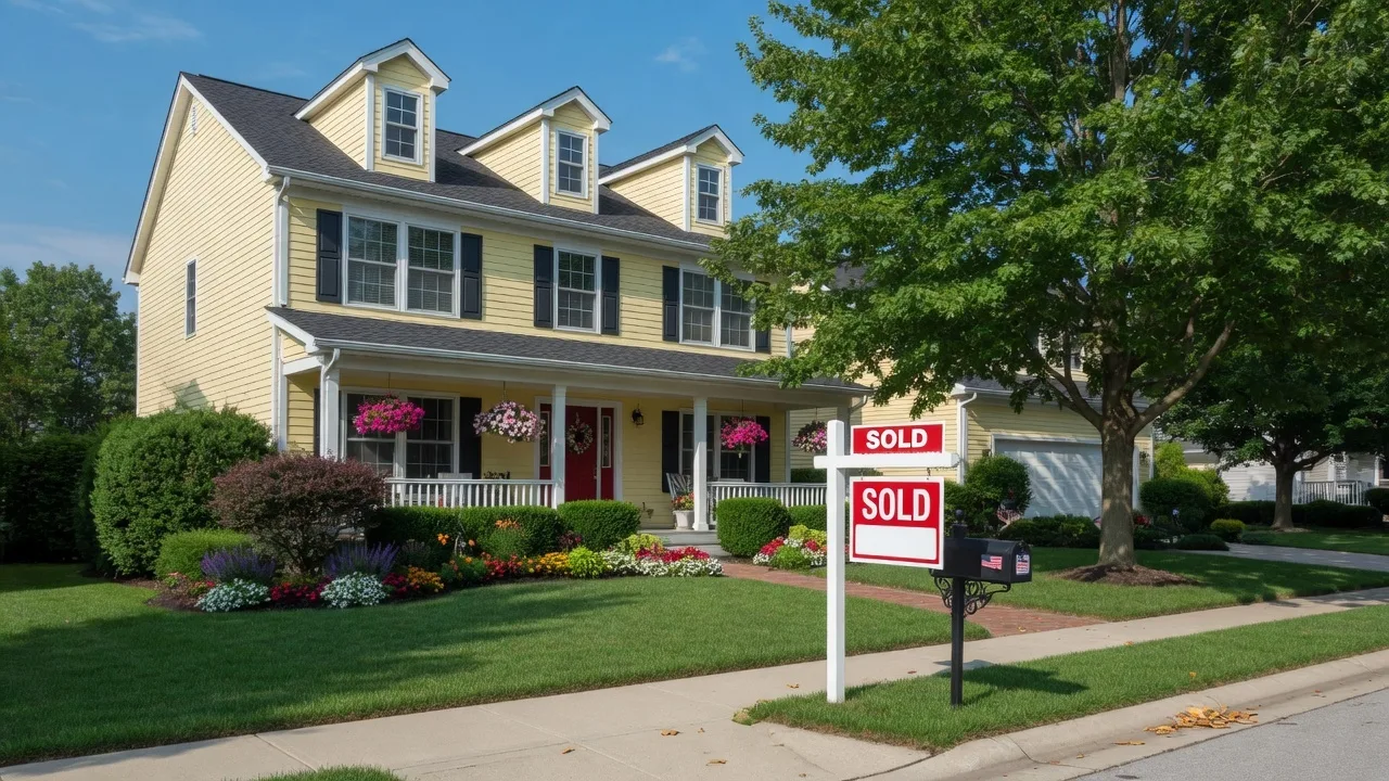 Well-maintained suburban home in Northwest Indiana with a sold sign in the front yard on a sunny day
