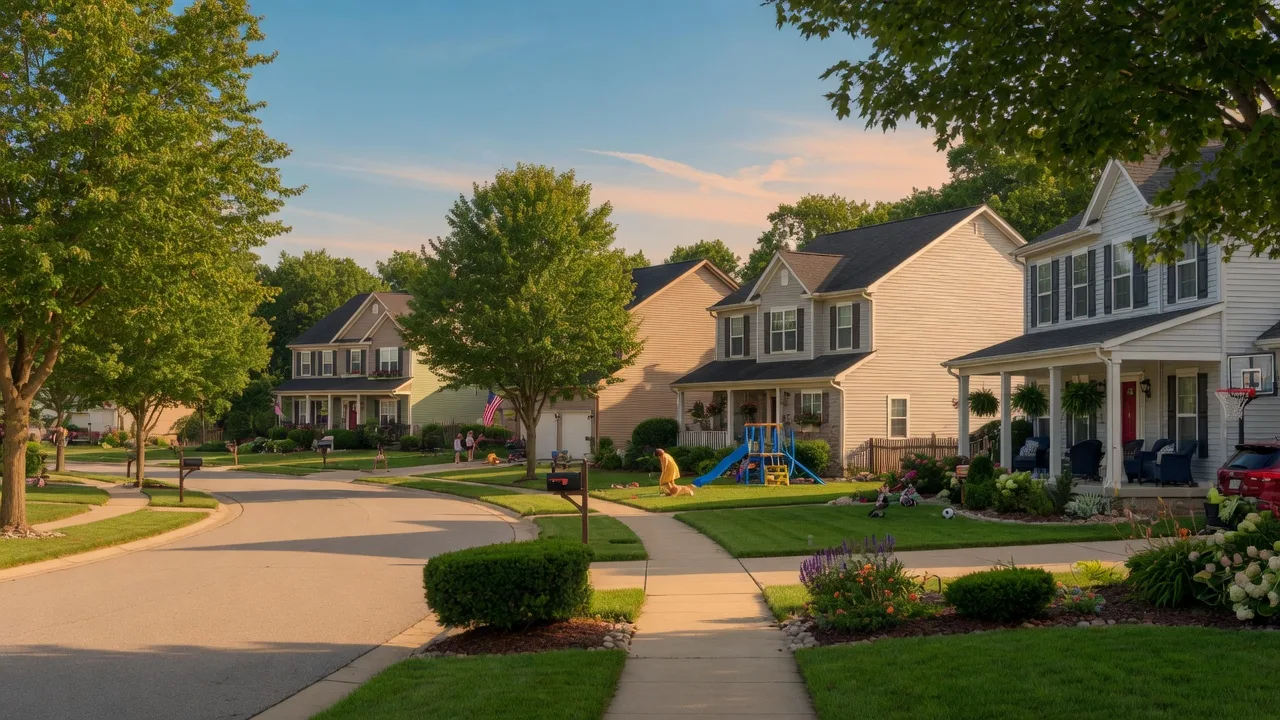 Tree-lined residential street with well-maintained family homes in St. John, Indiana