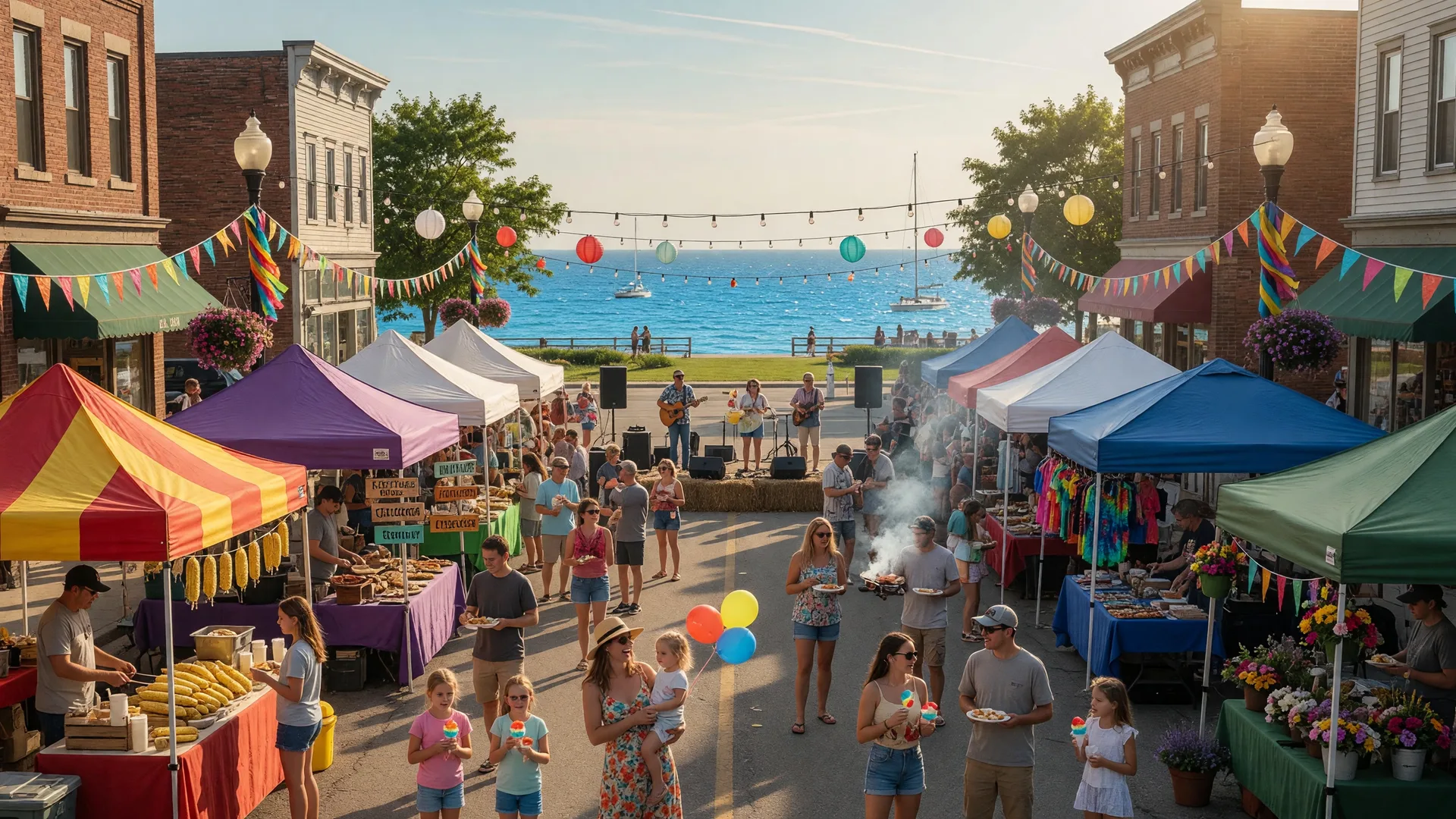 Vibrant summer street festival scene in a Lake Michigan lakefront town with colorful vendor booths, festive banners, string lights, and crowds enjoying a warm July afternoon