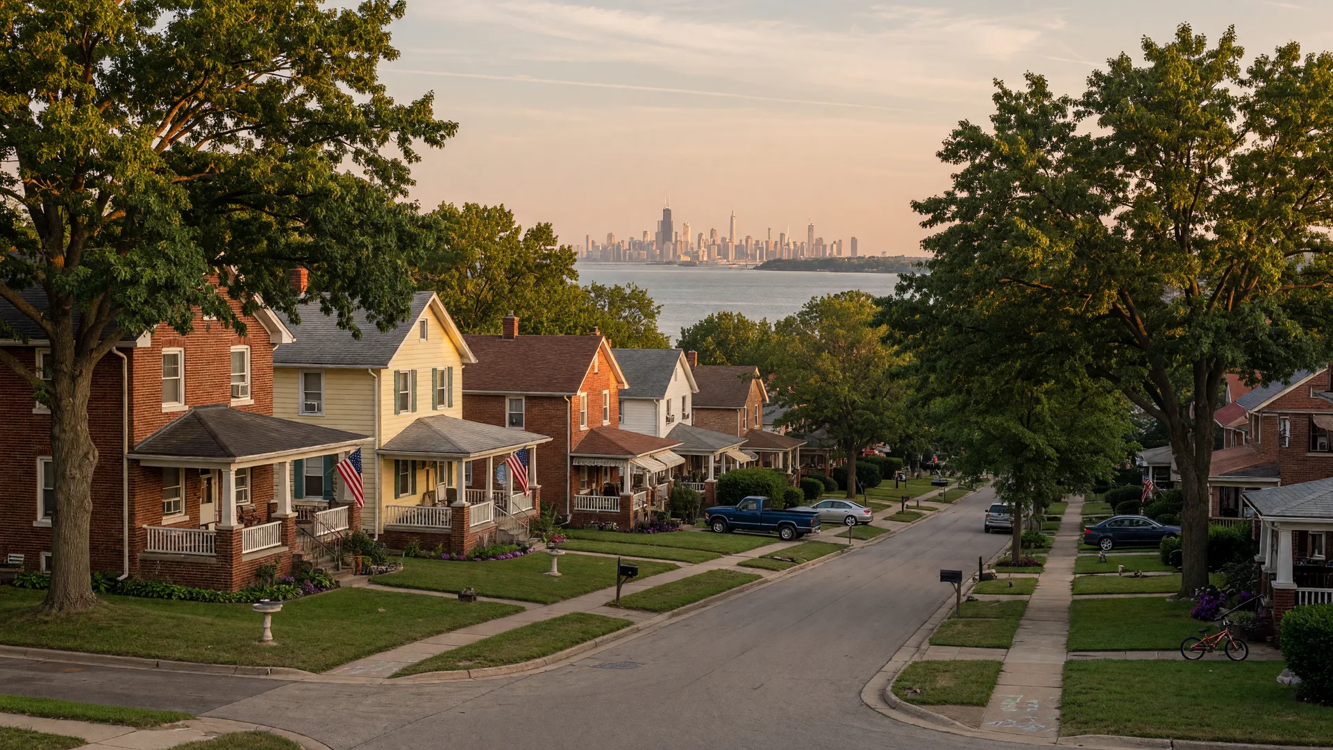 Welcoming residential street with tree-shaded homes in Hammond, Indiana on a summer afternoon