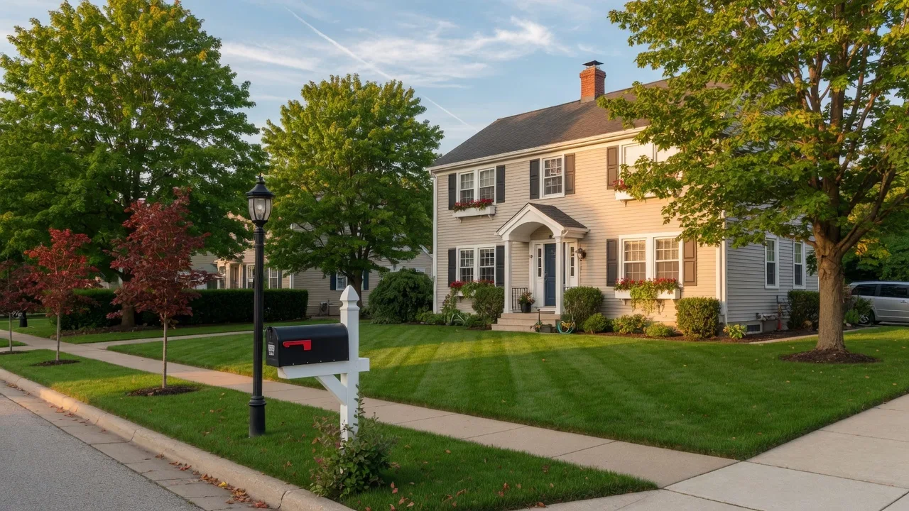Well-maintained suburban home in Northwest Indiana with manicured lawn and mature trees on a sunny afternoon