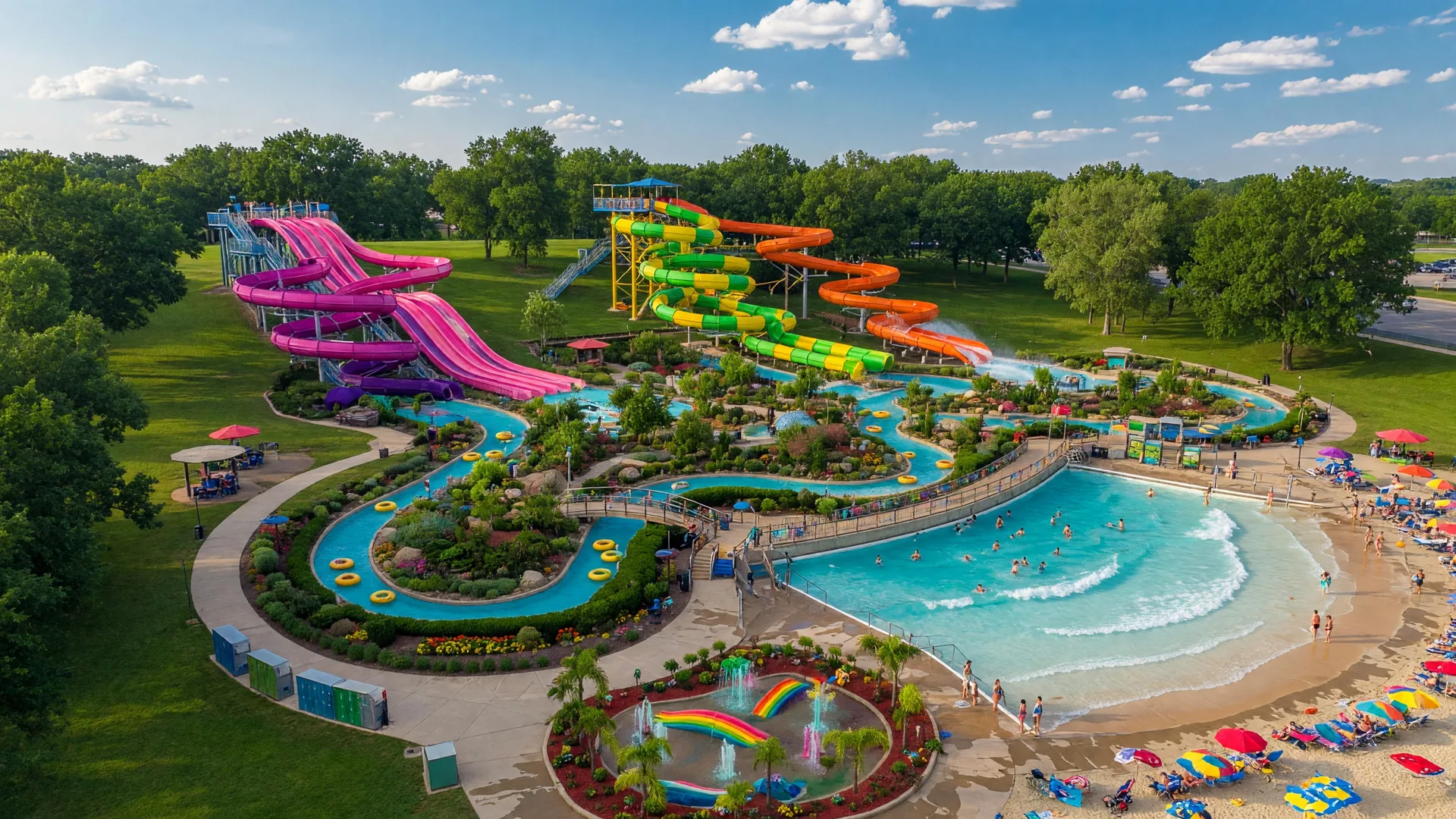 Aerial view of Deep River Waterpark in Crown Point, Indiana showing colorful water slides, a lazy river, and a wave pool on a bright summer day