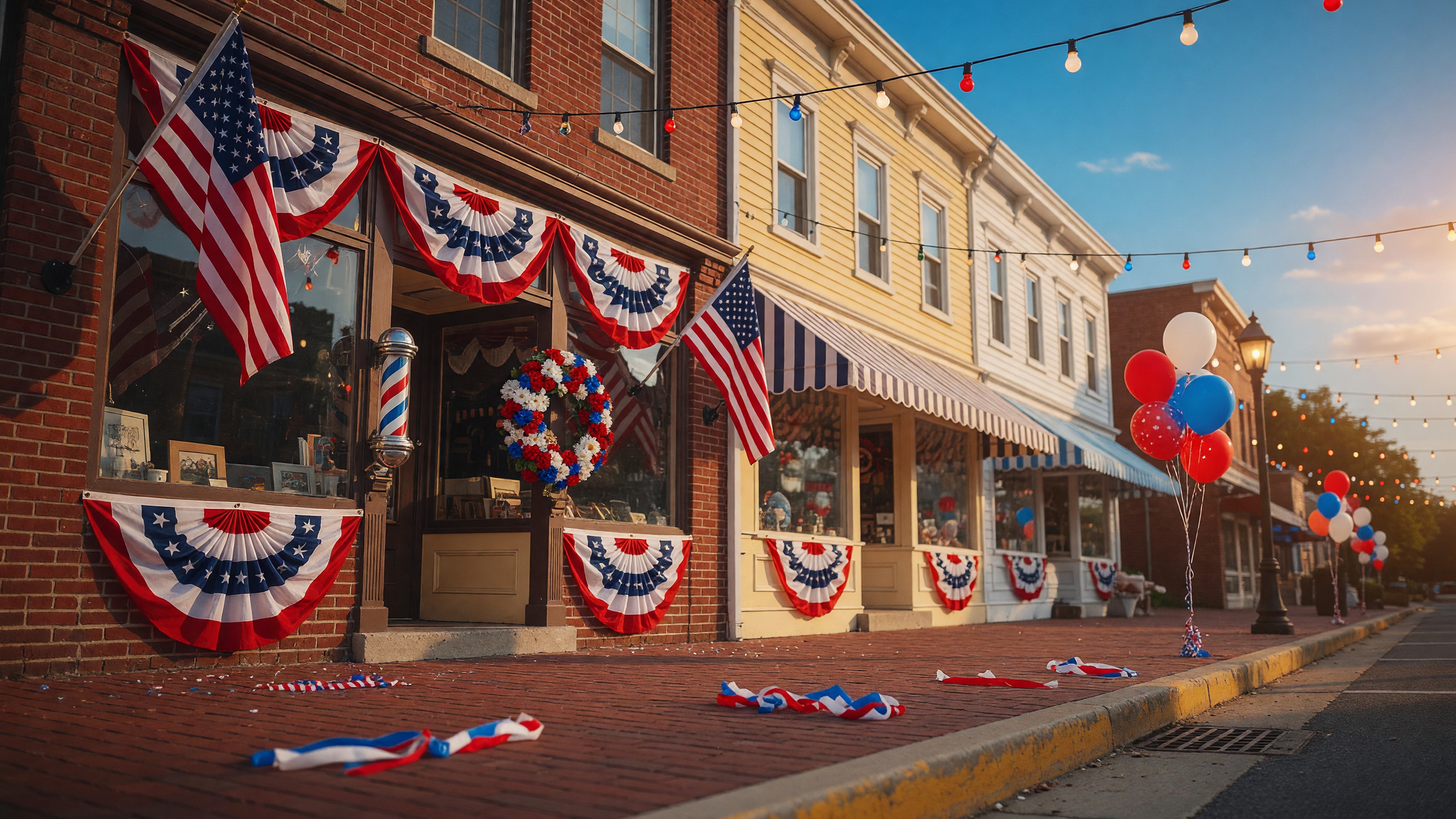 Patriotic red, white, and blue bunting and American flags decorating a charming small-town main street for the Fourth of July