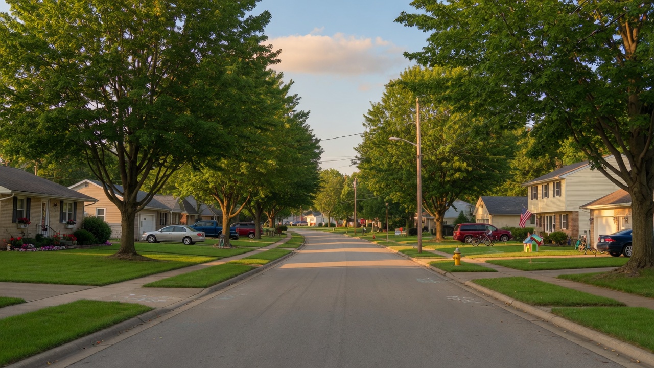 Tree-lined residential street with well-maintained family homes in Dyer, Indiana