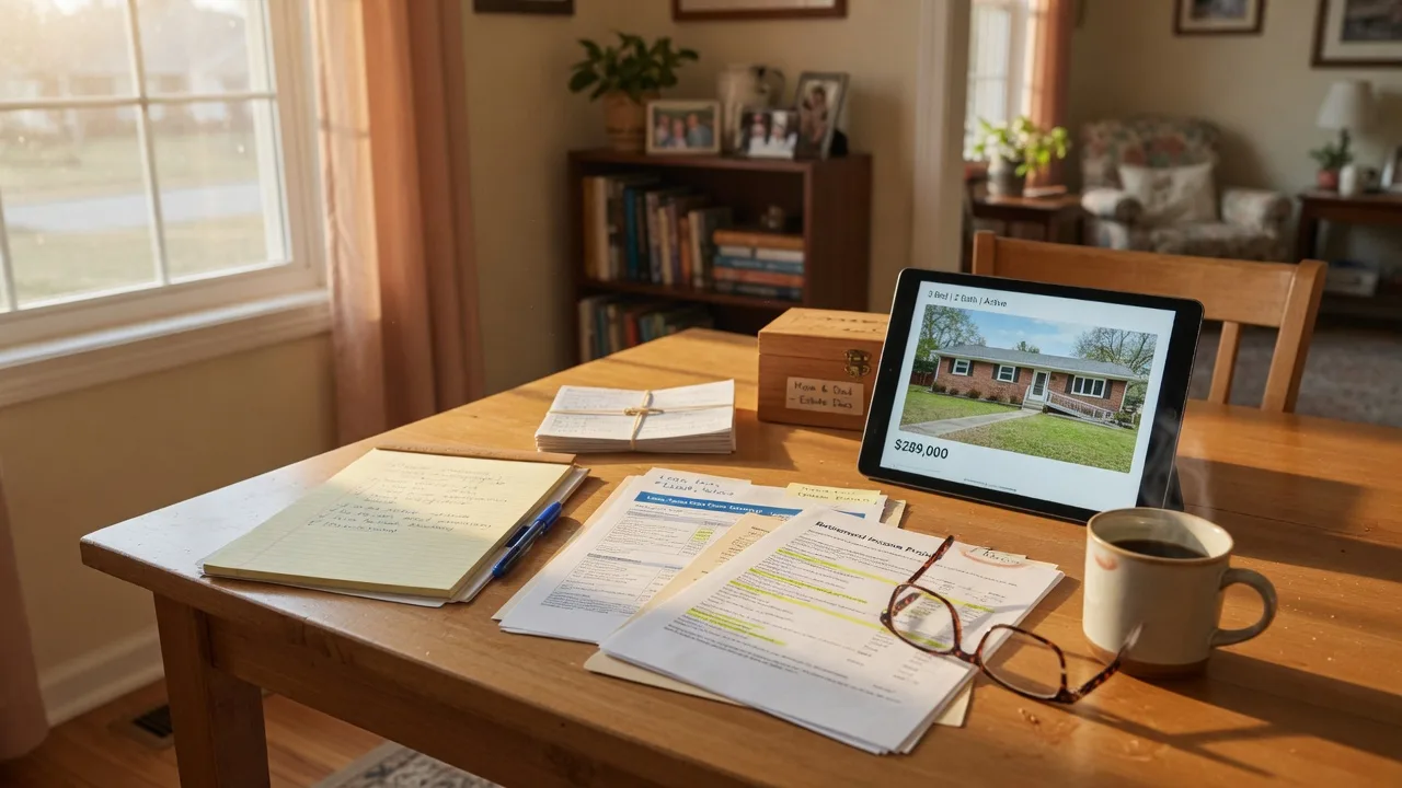 Warm kitchen table scene with financial planning documents and a tablet showing a property listing, representing planning for aging parents' finances