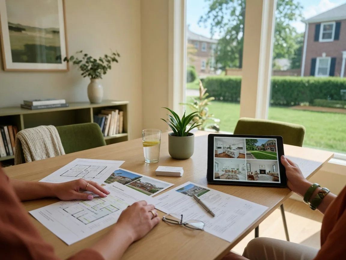 Real estate consultation setting with listing documents, a tablet showing property photos, and a warm professional atmosphere