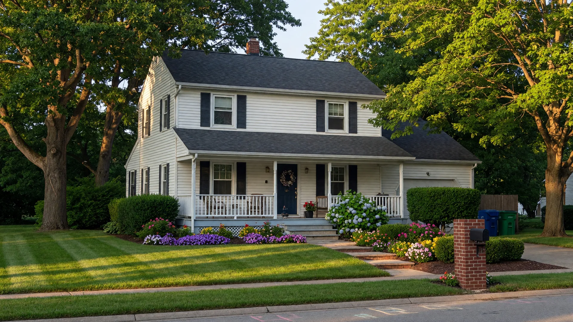 Well-maintained suburban home in Northwest Indiana on a bright summer morning with manicured lawn, mature shade trees, and blooming flower beds