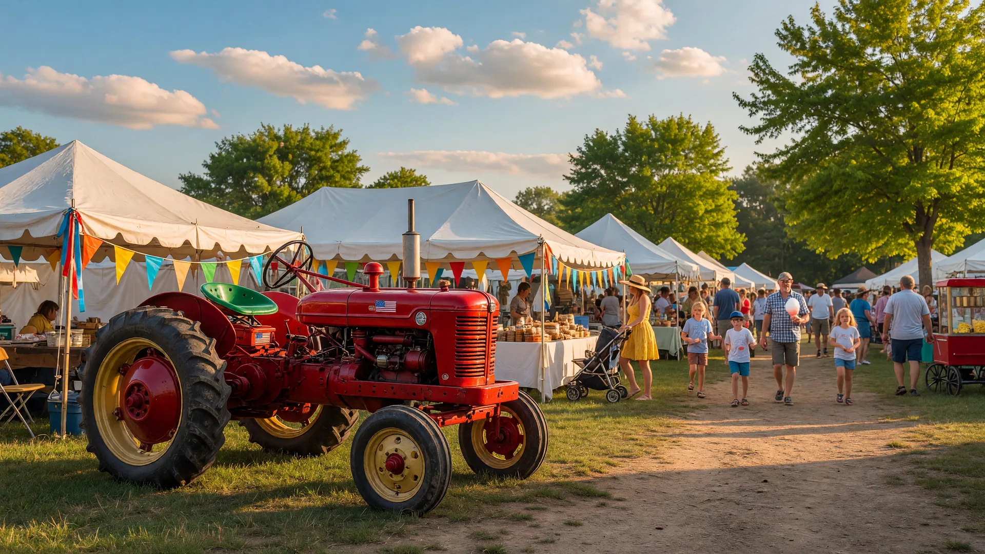Vibrant summer festival scene at a Midwest county fairground with vintage tractors, white vendor tents, and families enjoying the sunshine