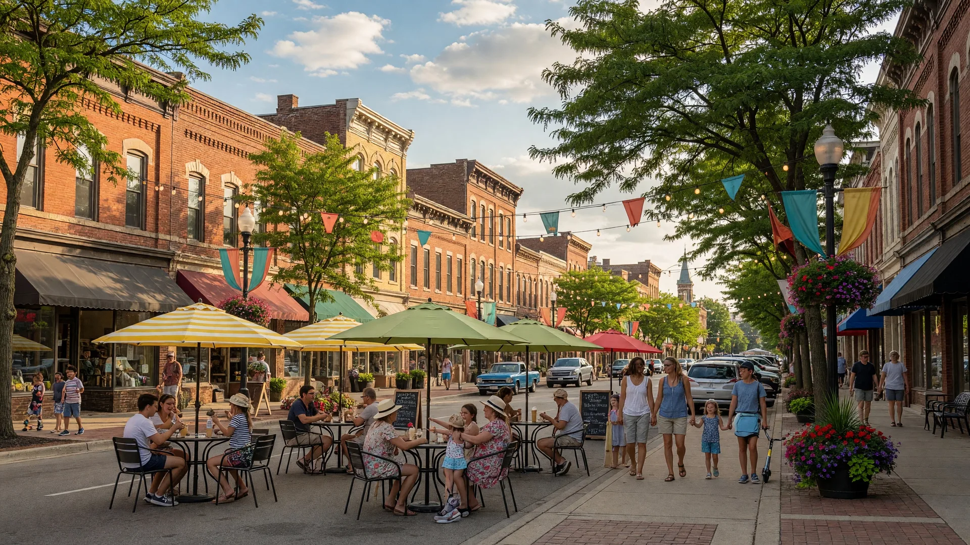 A vibrant summer weekend scene in a Northwest Indiana downtown with historic brick buildings, outdoor cafe seating, banners, string lights, and families enjoying a sunny July afternoon