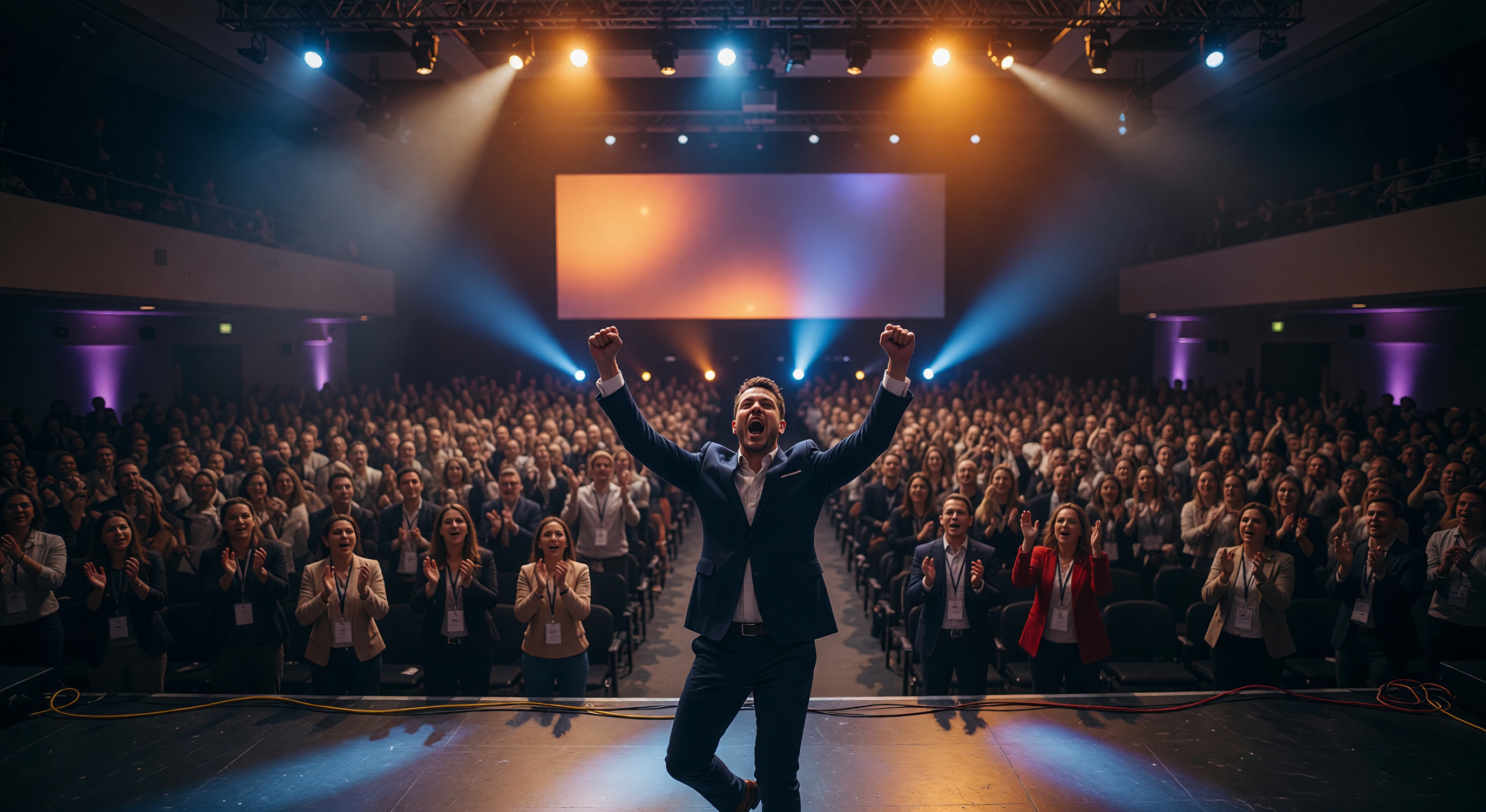 Motivational speaker on stage at a real estate conference