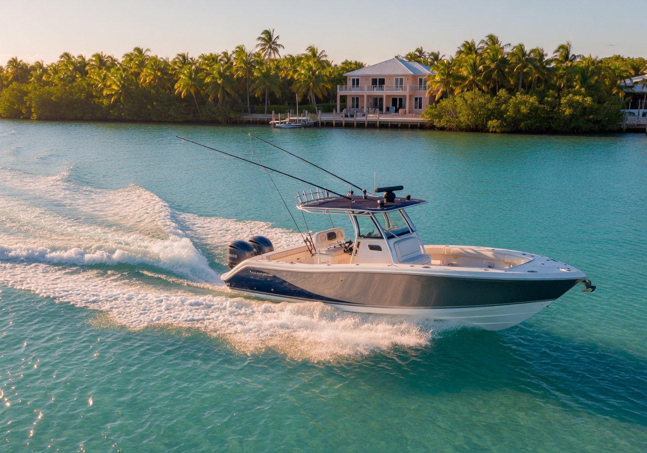 High-end sport fishing center console boat cruising the sparkling water of Islamorada