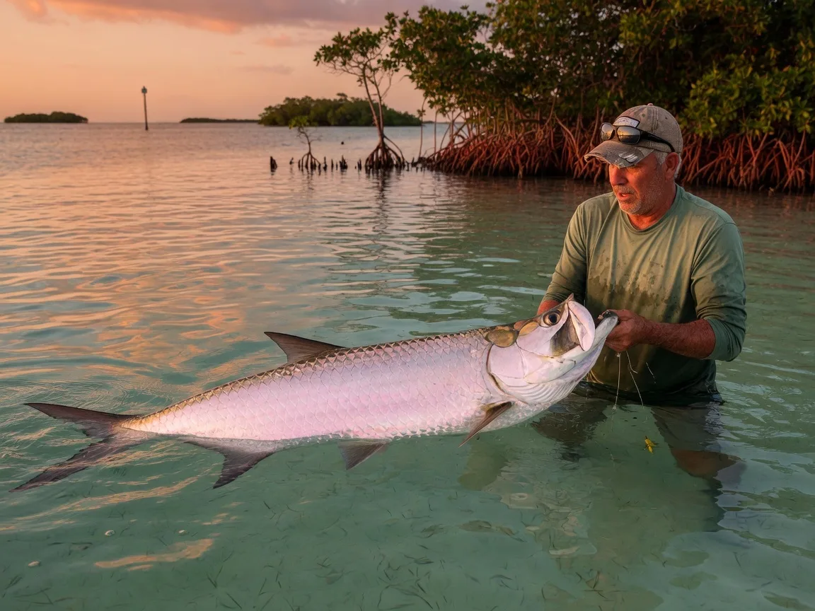 A tarpon caught on light tackle in the shallow waters of Islamorada at golden hour with mangrove shoreline in the background