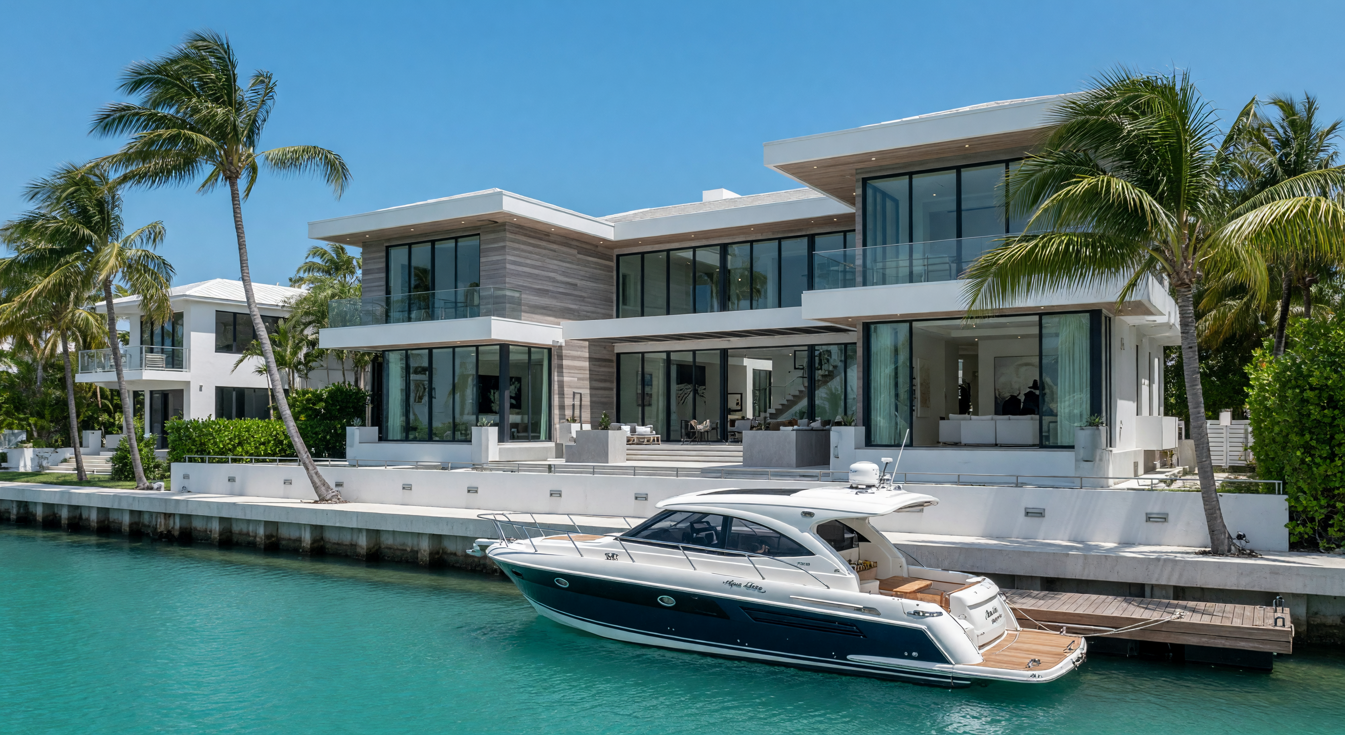 Luxurious modern waterfront estate in the Florida Keys with a classic motor boat parked at its private dock on a bright sunny day