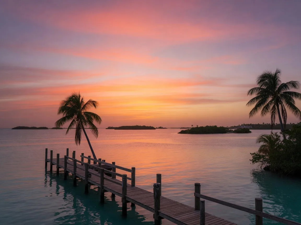 Spectacular sunset over Florida Bay in the Florida Keys with a wooden dock extending into calm water and palm trees silhouetted against orange, pink, and purple sky