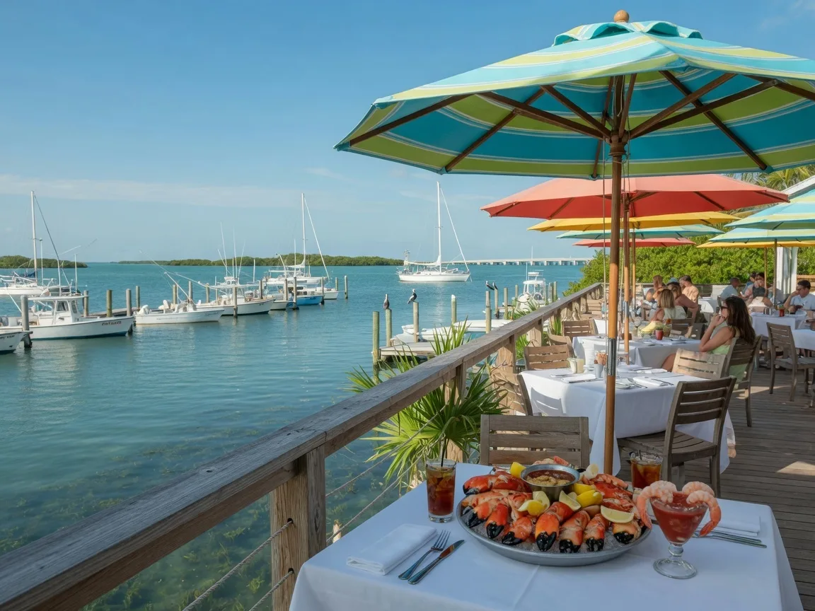 Outdoor waterfront dining deck in the Florida Keys with colorful umbrellas over wooden tables, a marina with fishing boats in the background, and a seafood platter on the table