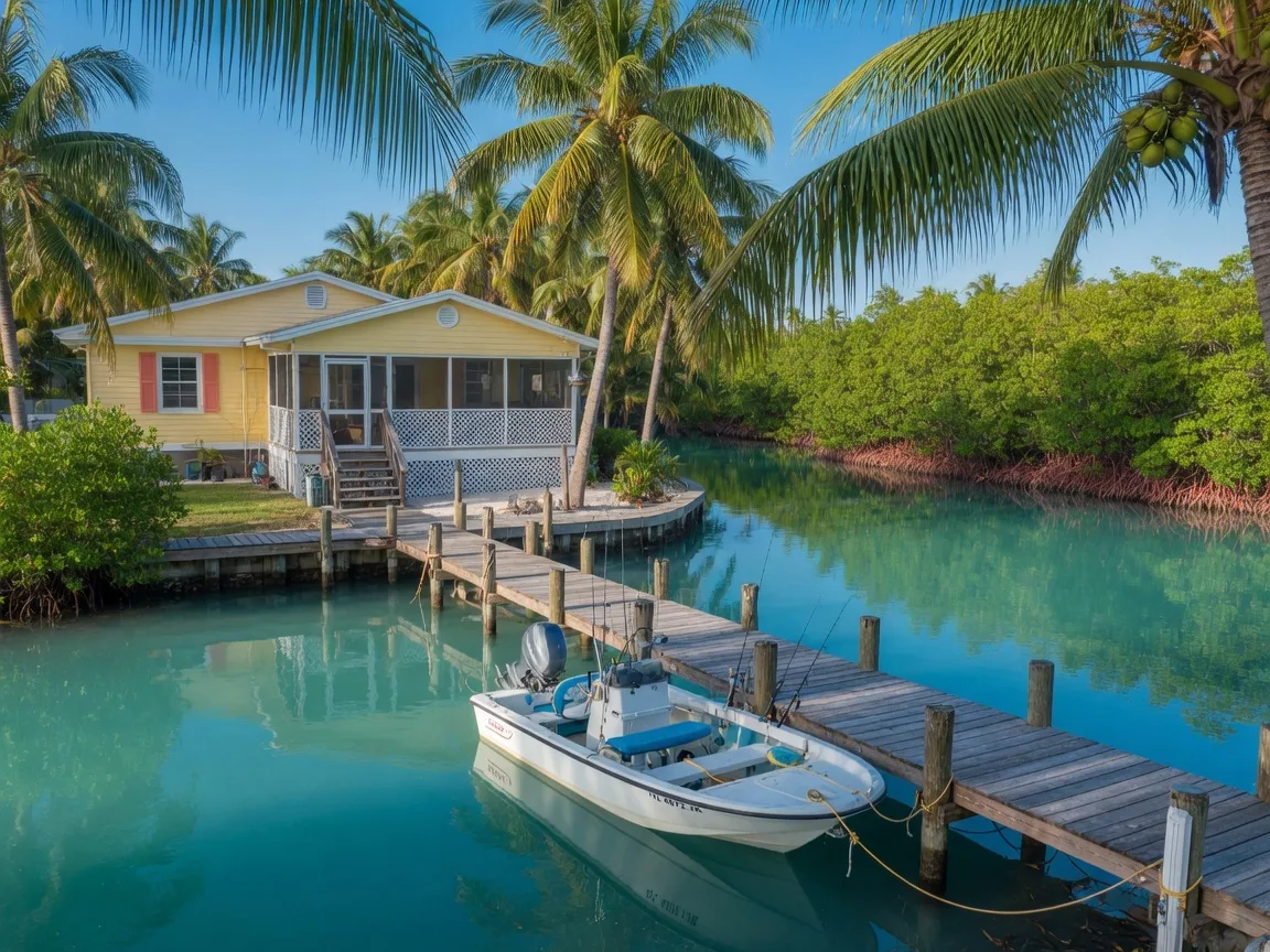 A canal-front home in the Florida Keys with a wooden dock extending into calm turquoise water, a Boston Whaler boat tied at the dock, and tropical landscaping with palm trees