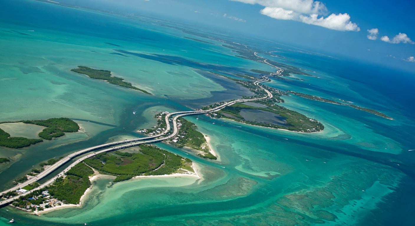 Aerial view of the Florida Keys island chain stretching from Key Largo to Key West
