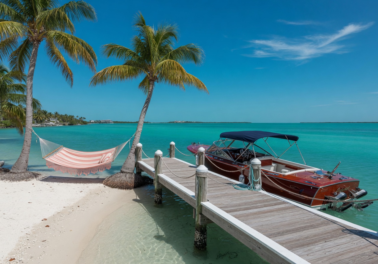 Upscale tropical island life with a classic motor boat moored along a private dock in Islamorada, Florida Keys