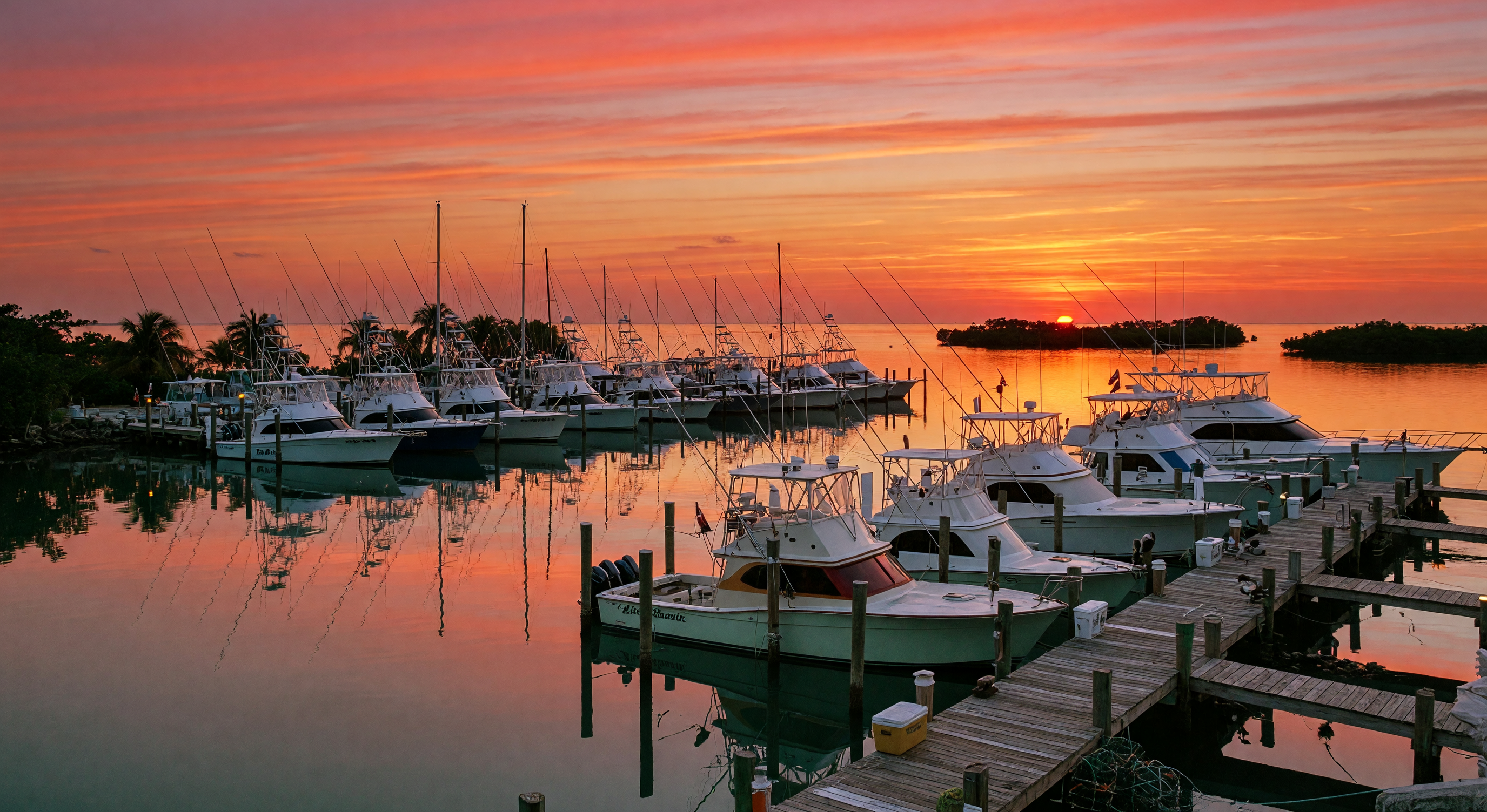 Tranquil harbor and boats at golden hour sunset in the Florida Keys