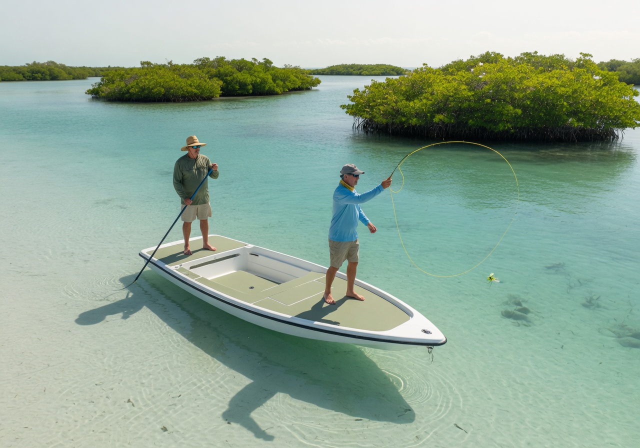 Angler casting fly line saltwater fishing on clear backcountry flats in the Florida Keys