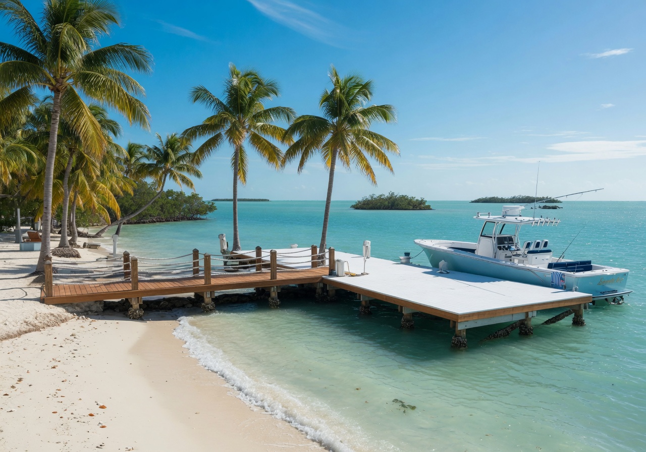 Pristine beach and dock with boat in the Florida Keys