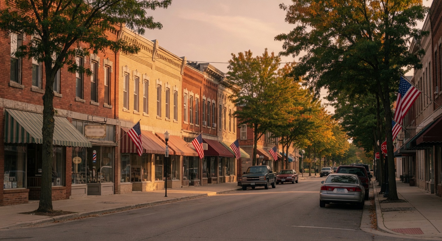 Small-town main street with brick storefronts and mature trees