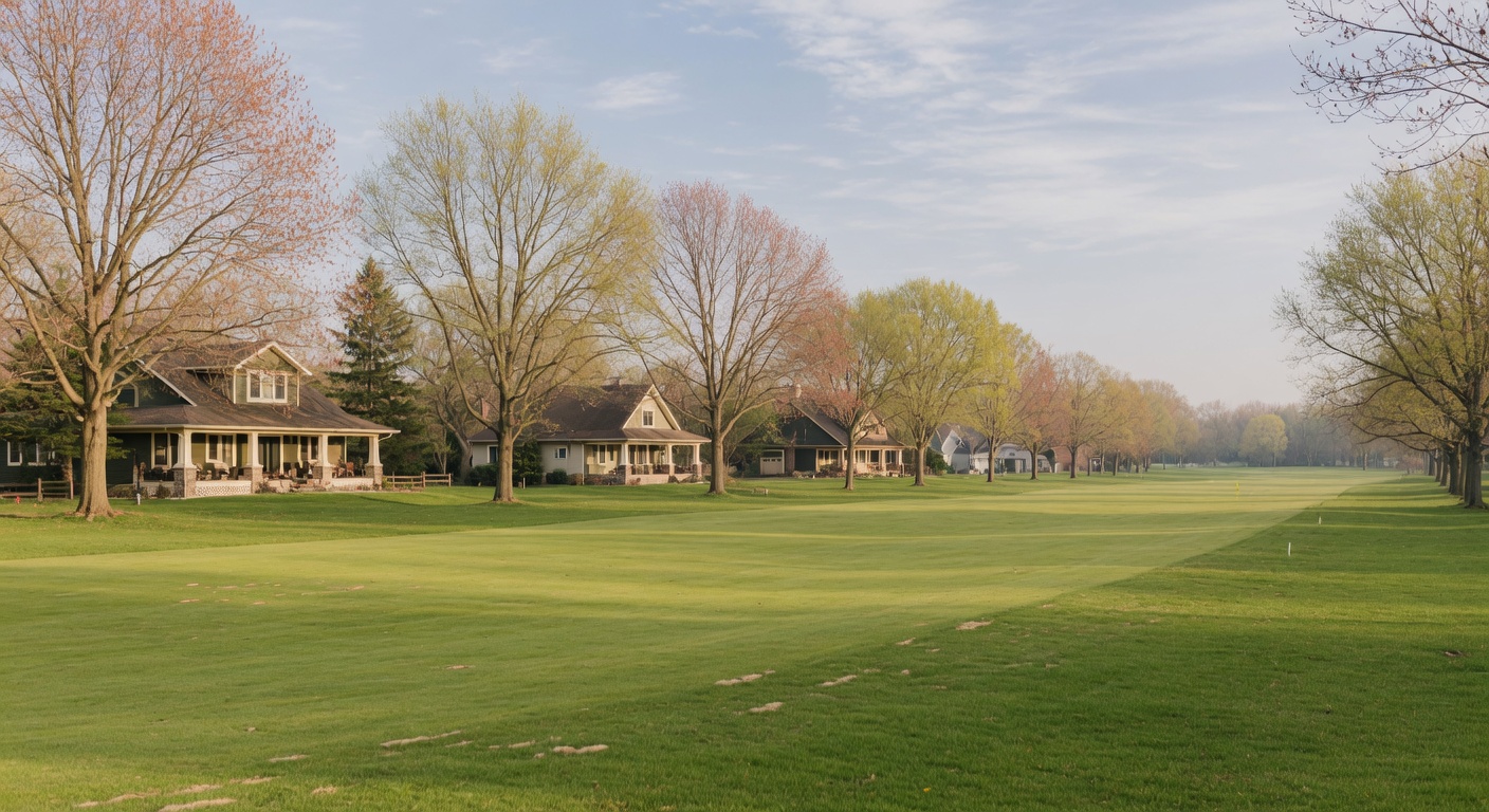 Country club community with mature trees and fairway views in spring