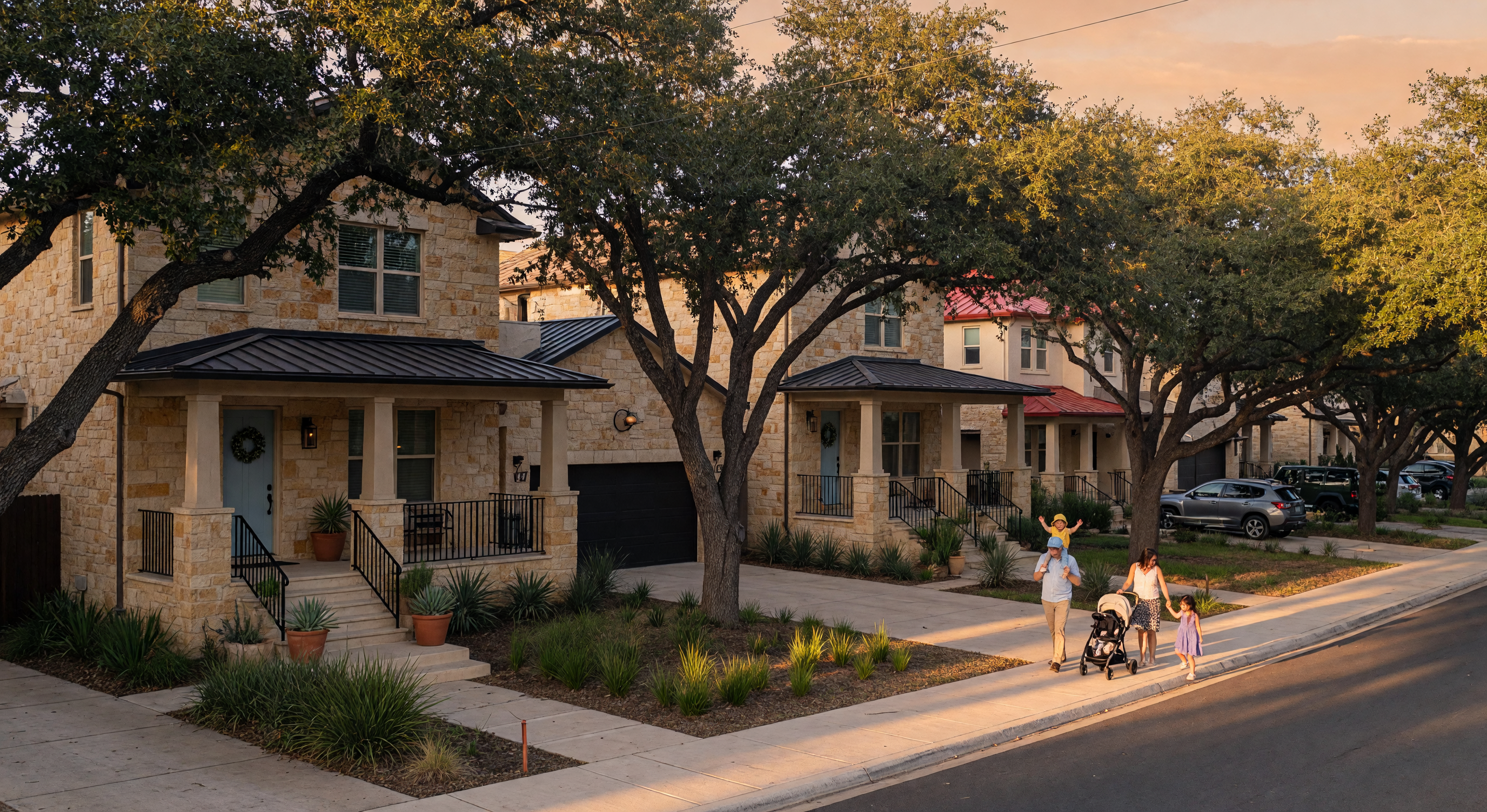 Tree-lined residential street in San Antonio with Hill Country homes and mature live oaks at golden hour