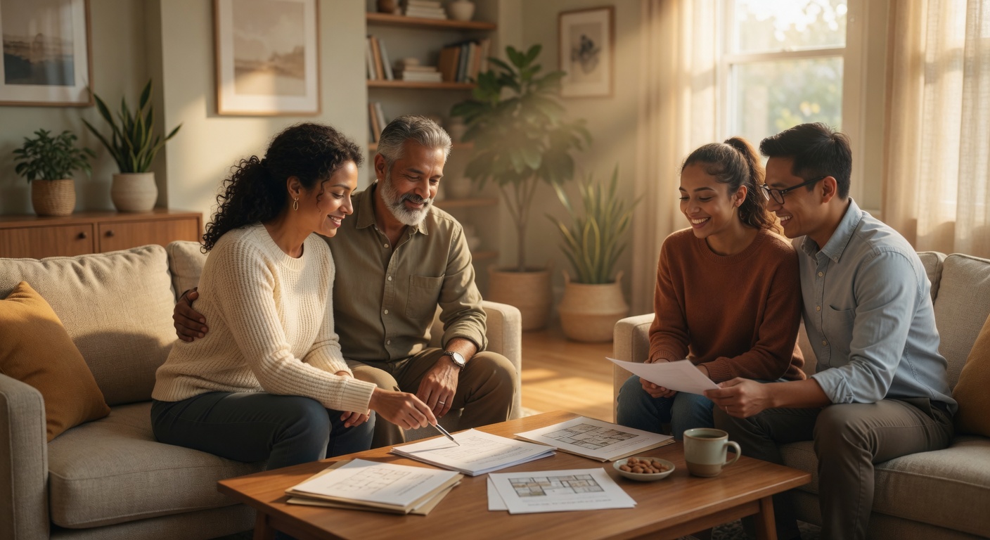 Real estate consultation in a warm, welcoming living room