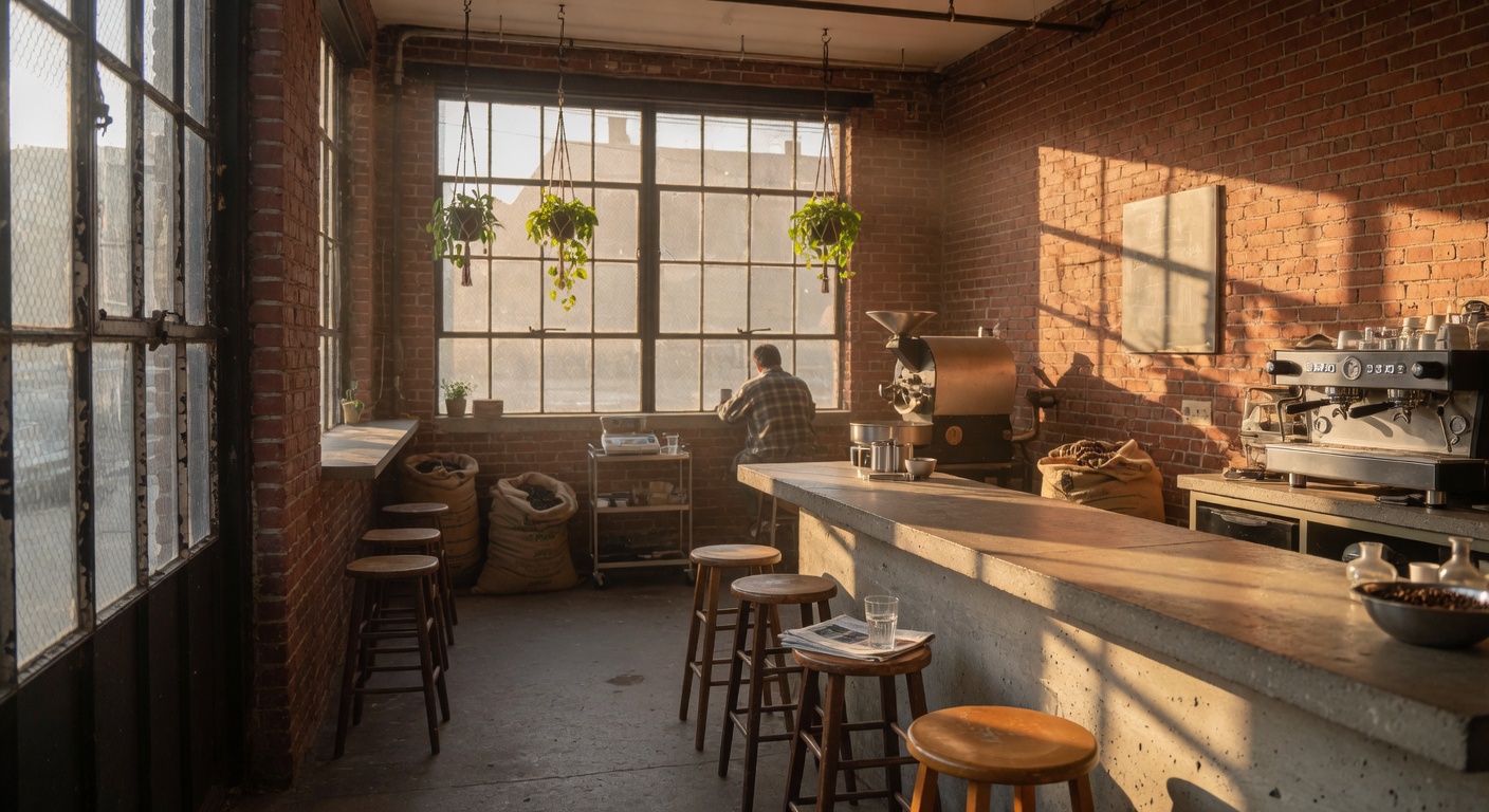 Sunlight spilling into a cozy coffee roastery and wood-finished cafe in South Philadelphia