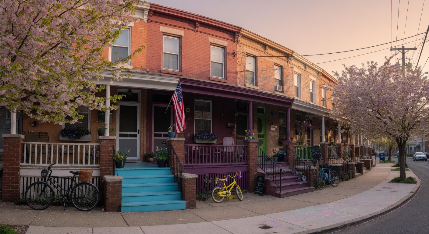 Sleek and characterful brick rowhouses on a spring afternoon in Grays Ferry, South Philadelphia