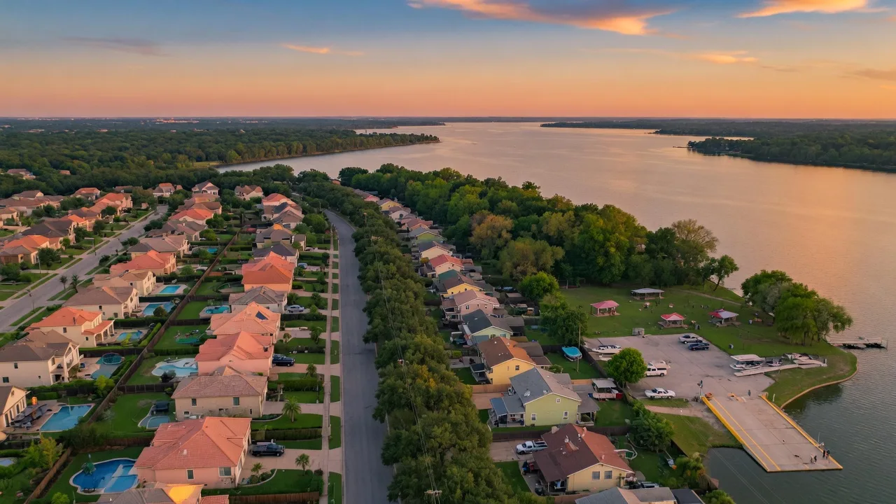 Aerial view of two lake-adjacent communities near Lake Lewisville in Denton County at golden hour