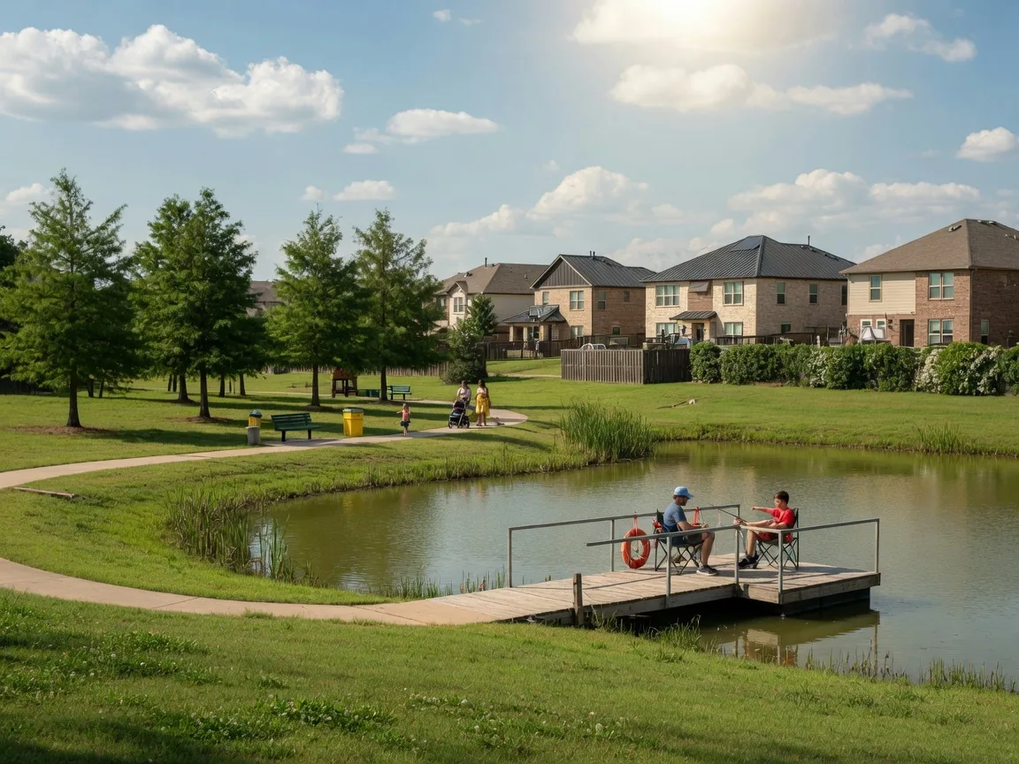 Community pond with fishing dock and contemporary homes in the background