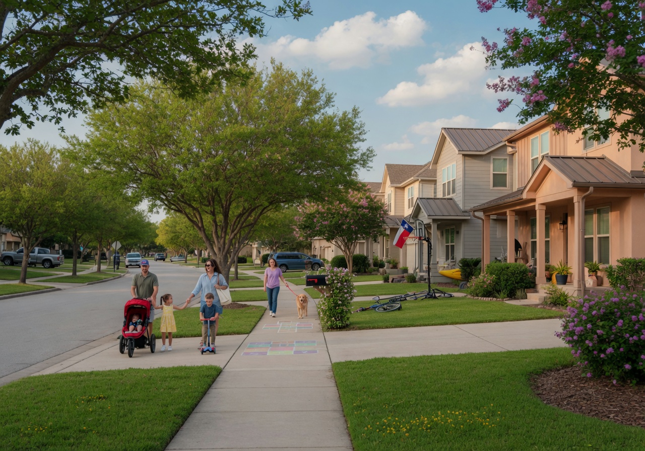 A suburban neighborhood scene with green lawns and modern homes