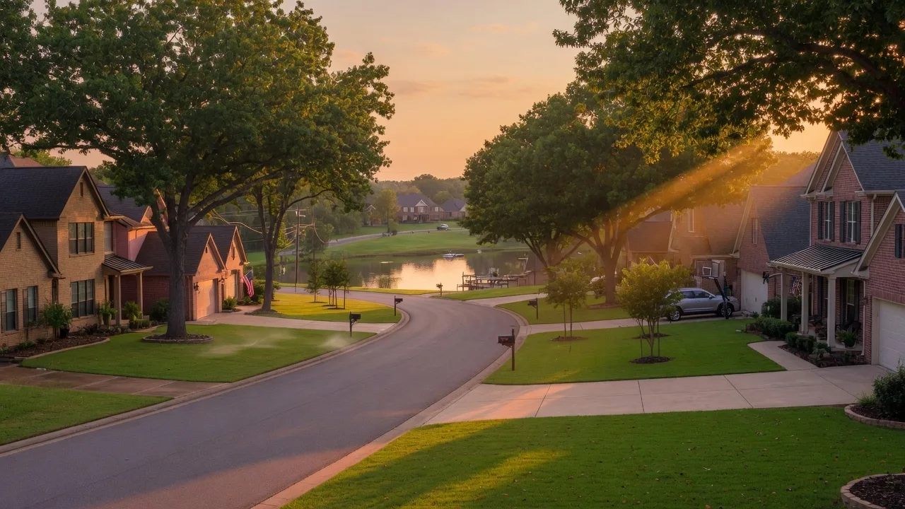 Quiet Sycamore Cove street at golden hour with brick homes, mature trees, and warm amber light filtering through the canopy