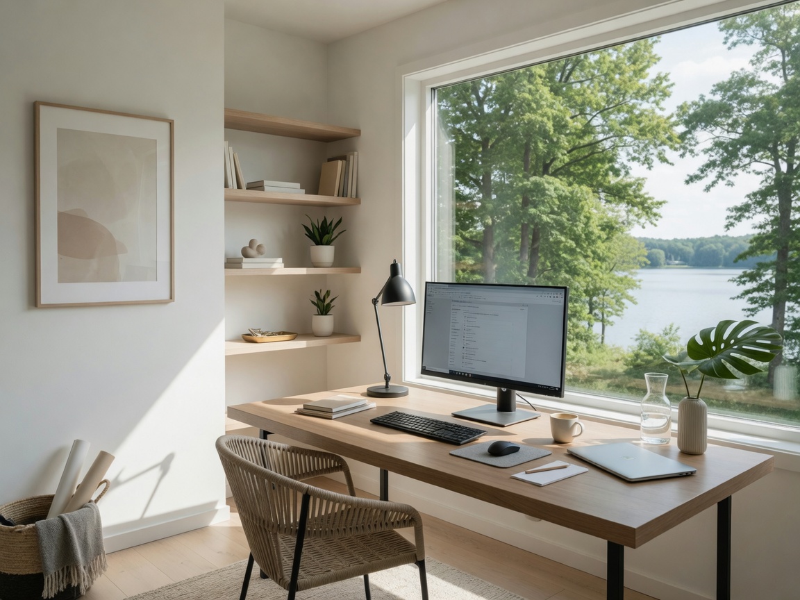 A modern home office with natural light, a desk setup, and a window overlooking green trees