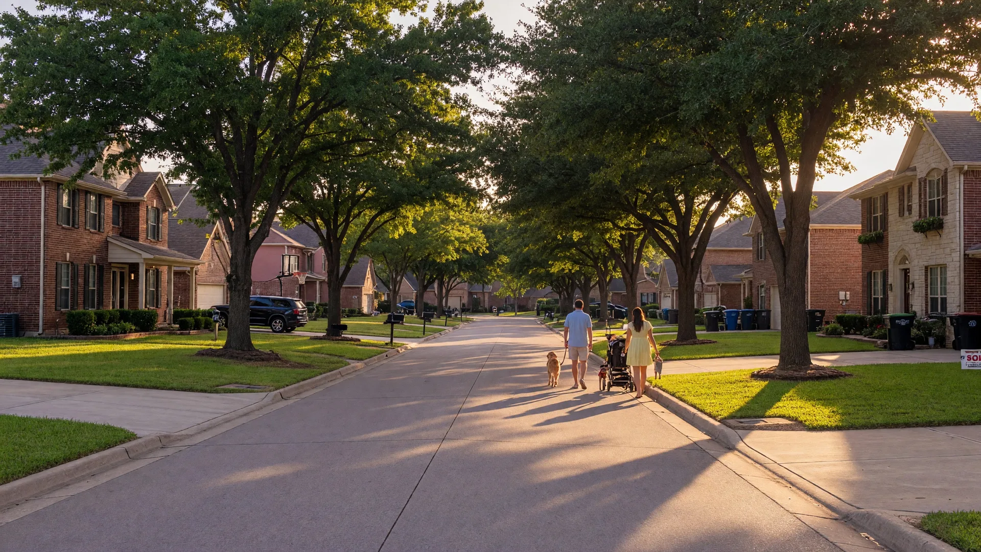 Tree-lined street in Sycamore Cove with brick homes, green lawns, and warm golden-hour light filtering through the canopy