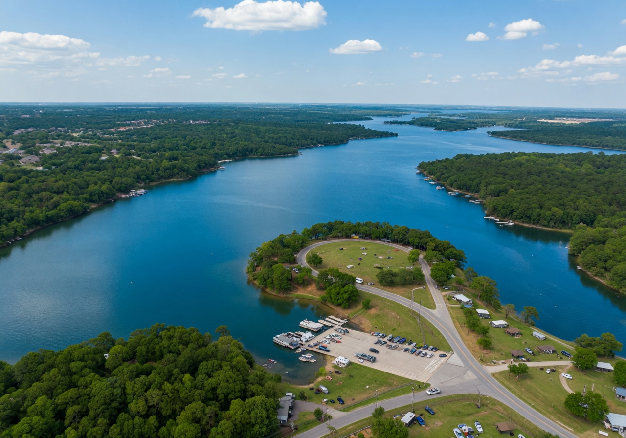 Lake Lewisville aerial view with green tree canopy and blue water