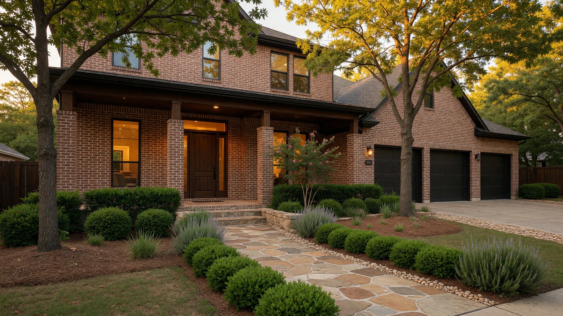 Front entrance of 4132 Kyles Landing Dr at golden hour with warm interior light and landscaped grounds