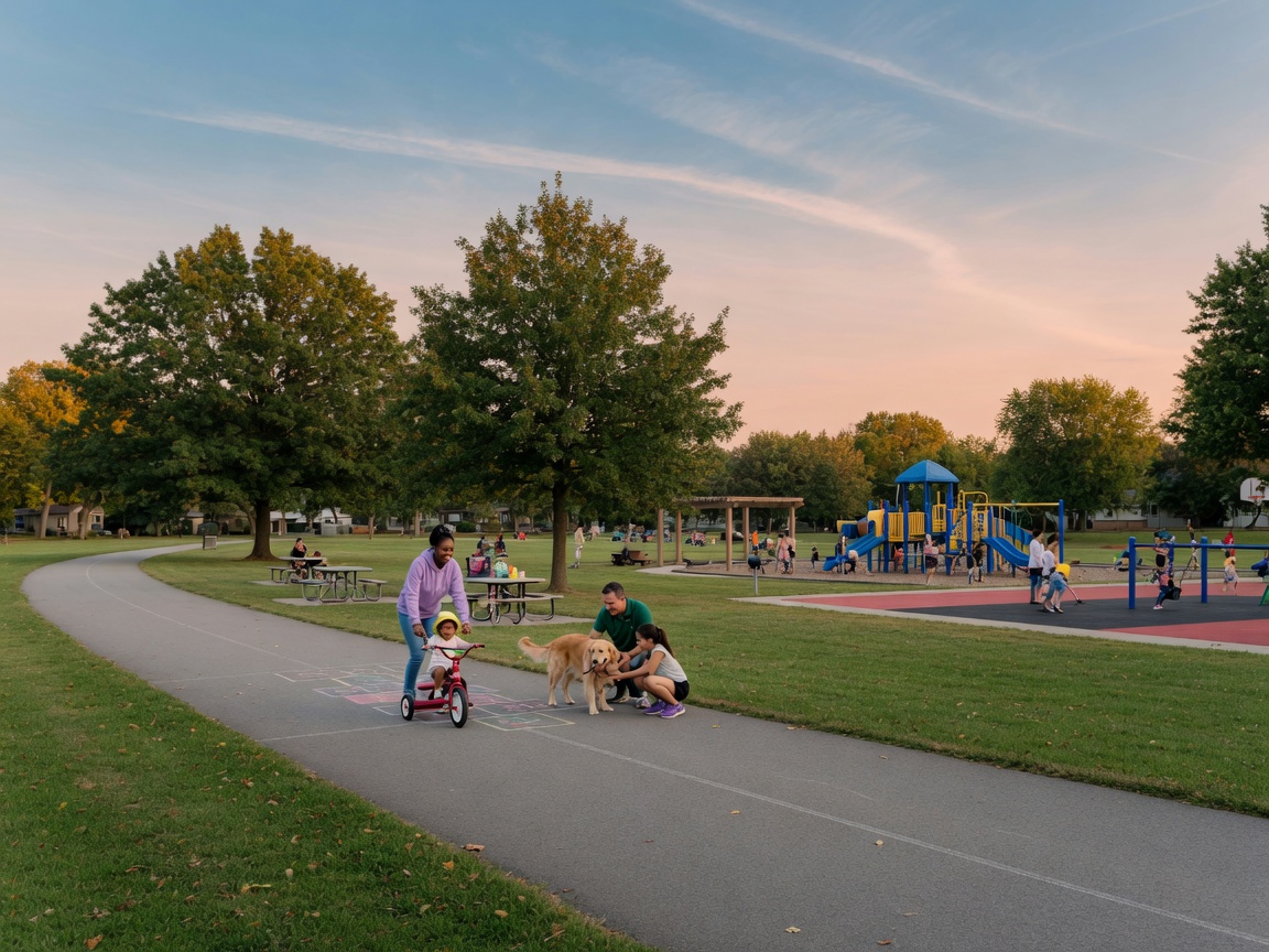 A family-friendly suburban park with walking trails and green grass under a clear blue sky