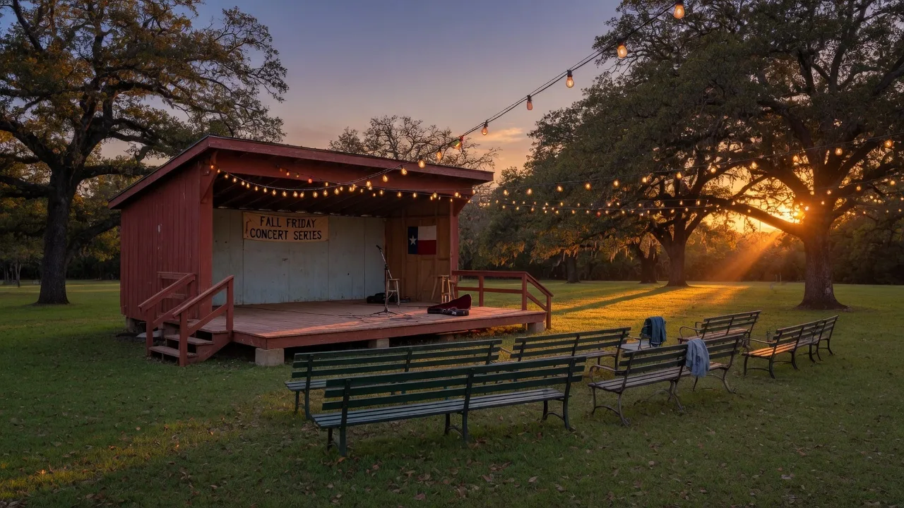 A community amphitheater stage in a small Texas park with string lights overhead and green lawn at golden hour