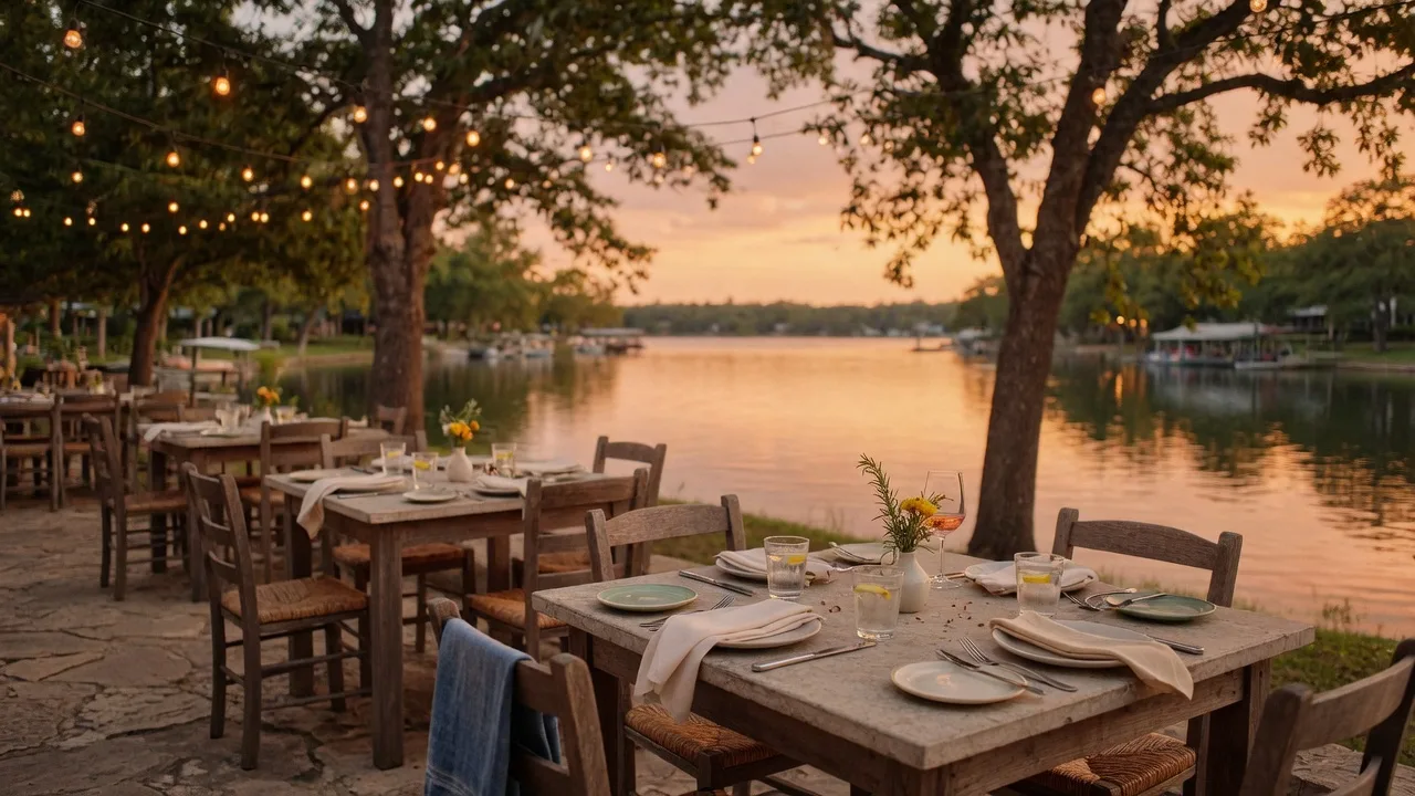 Charming outdoor restaurant patio in the Hickory Creek and Lake Lewisville area at golden hour