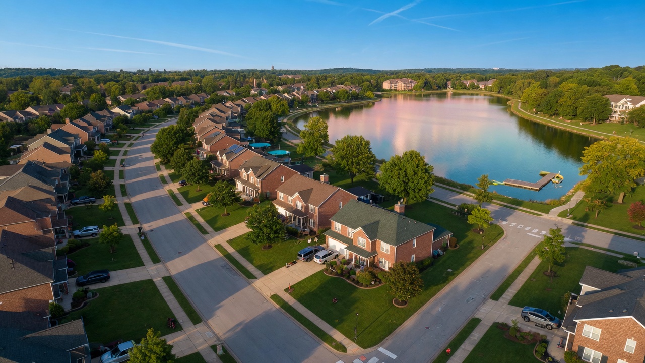 Aerial view of a suburban neighborhood near a lake under a clear blue sky