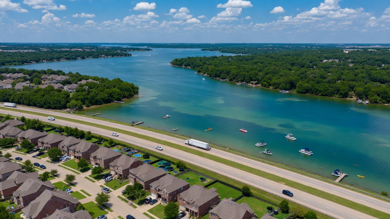 Aerial view of Lake Lewisville and surrounding neighborhoods on a clear day