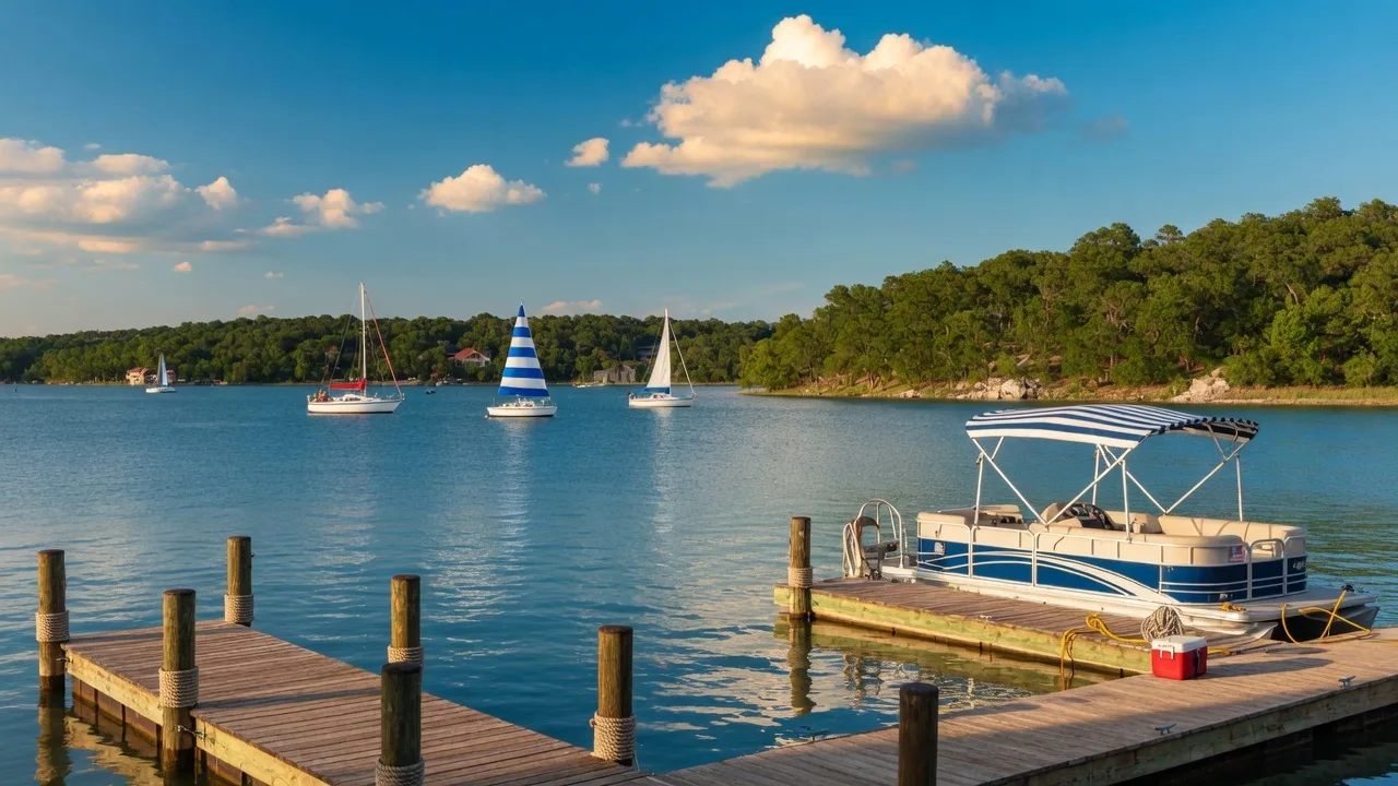 Lake Lewisville on a bright summer afternoon with a boat dock, pontoon boat, and blue water stretching to the distant shore