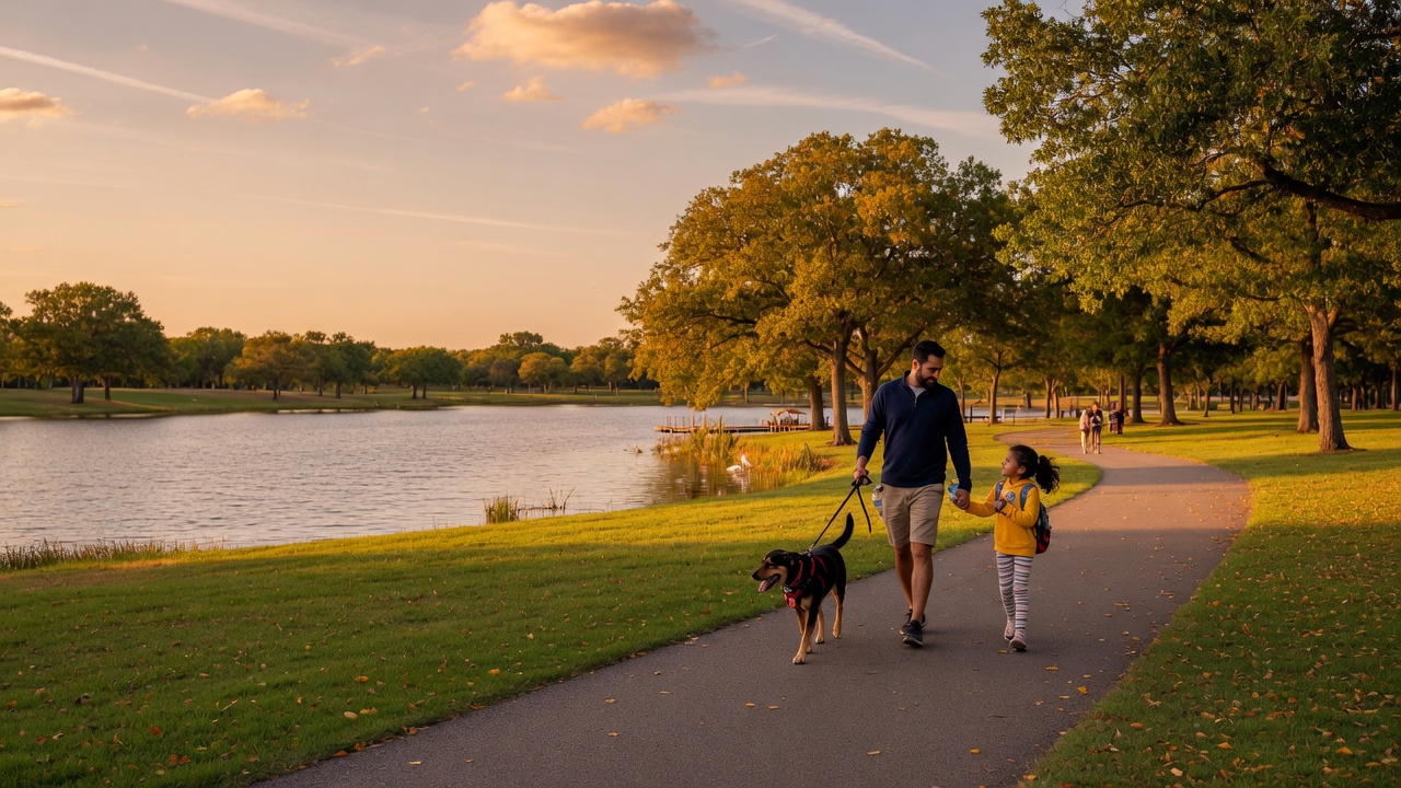 Families walking through a beautiful lakeside park in North Texas on a warm afternoon