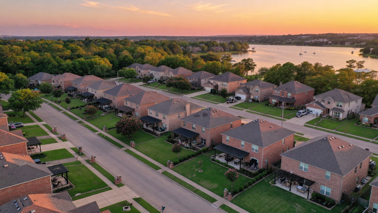 Aerial view of a North Texas neighborhood with modern homes at golden hour