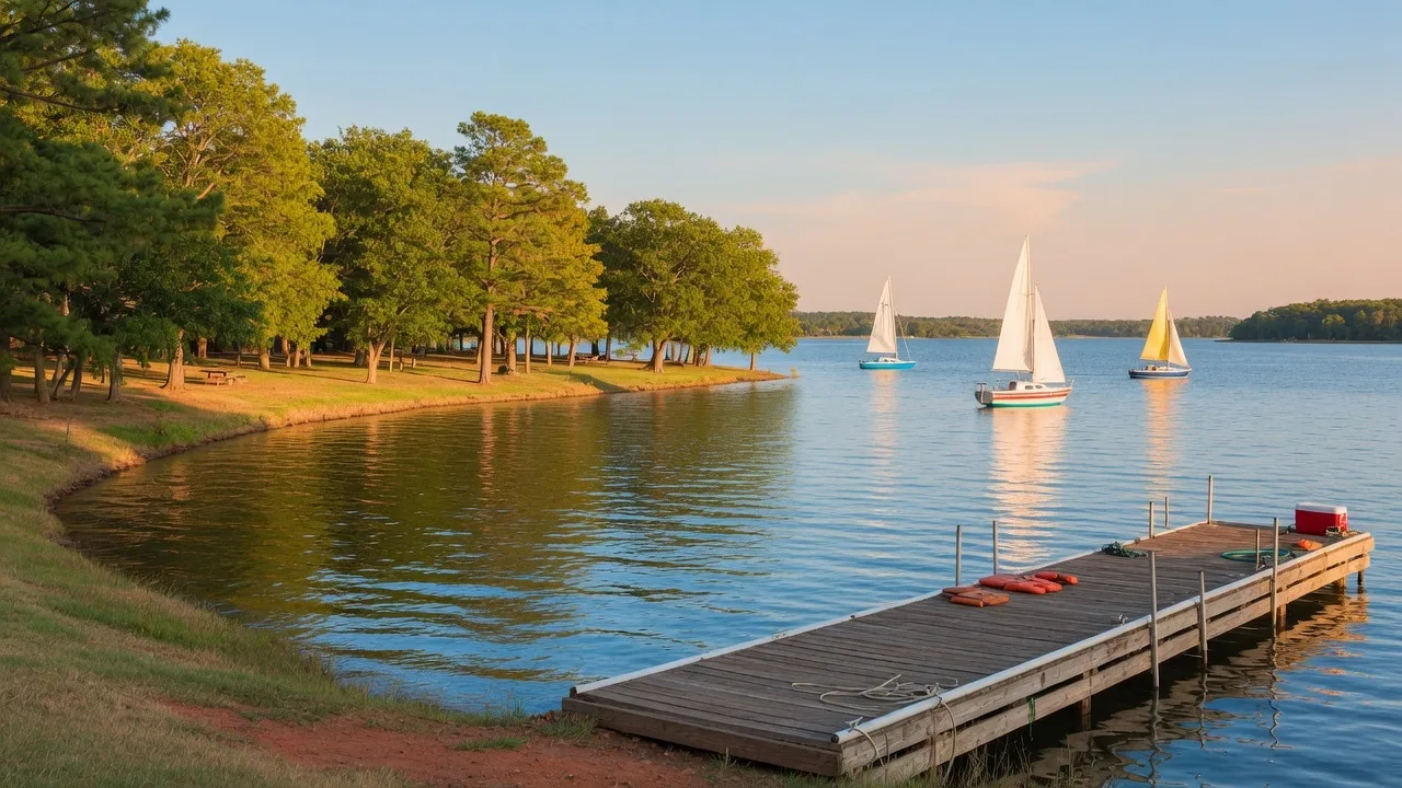 Lake Lewisville on a clear summer afternoon with tree-lined shoreline, wooden dock, and sailboats in the distance