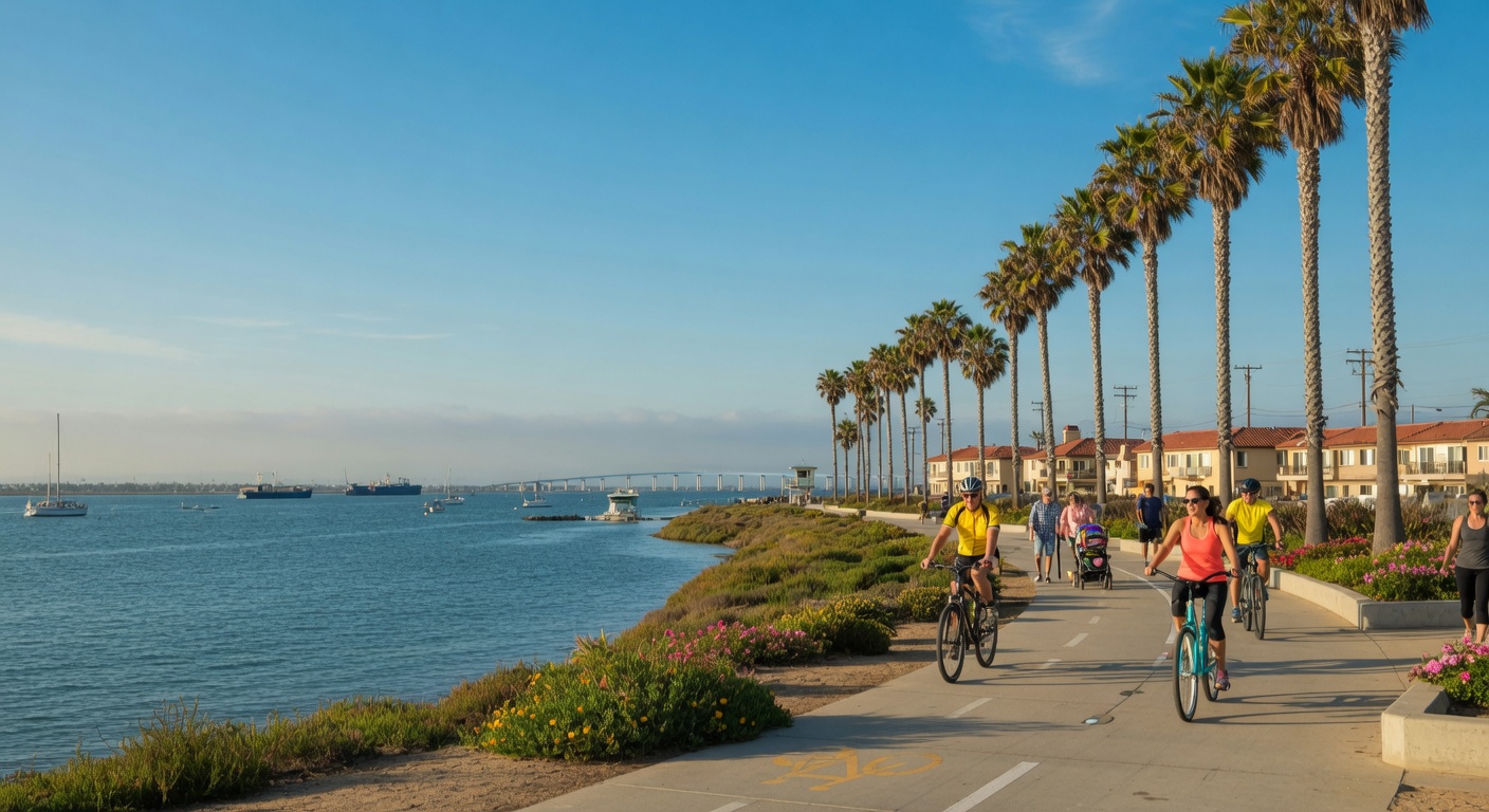 The Bayshore Bikeway with cyclists and the bay in the background